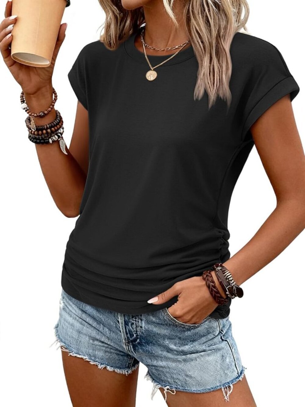 Womens Summer Tops Cap Sleeve Ruched Tshirts Business Casual Crewneck Trendy Out